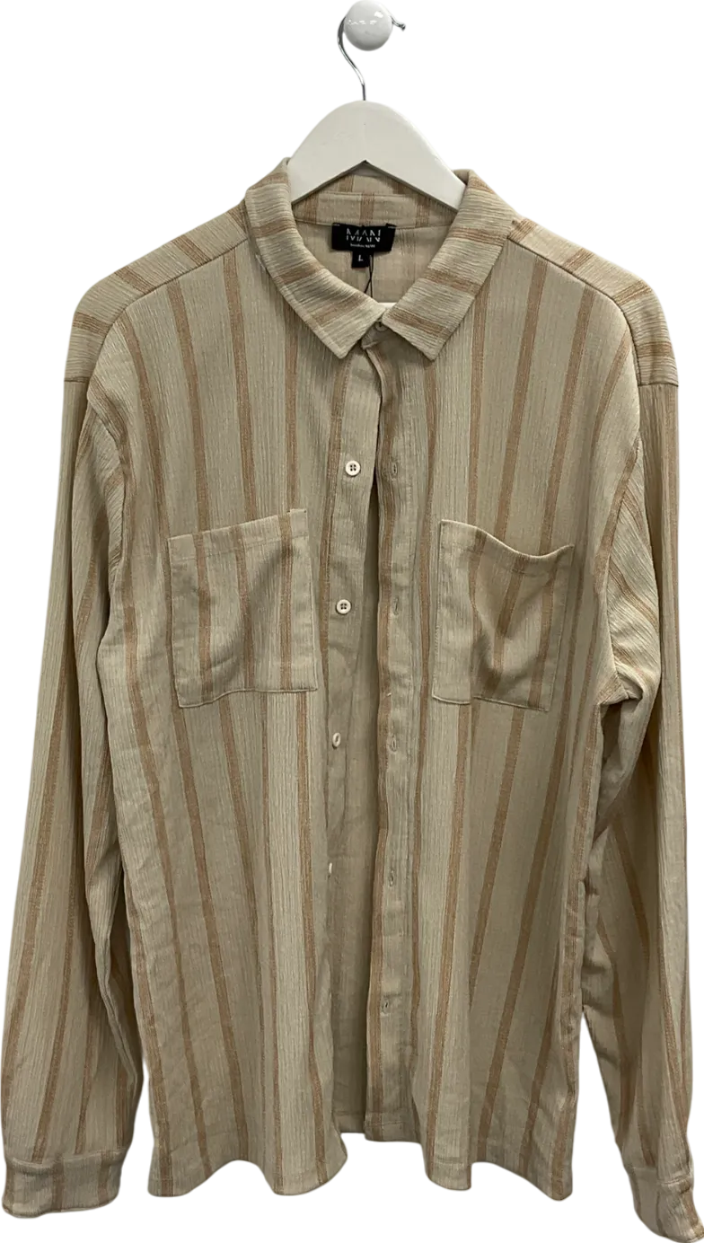 boohooMan Nude Long Sleeve Stripe Crinkle Textured Shirt UK L