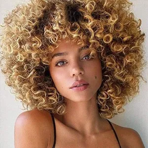 Bouncy fluffy curly wig with bangs | synthetic fiber with a human hair feel | drag queen | trendy custom styled | stage performer wig