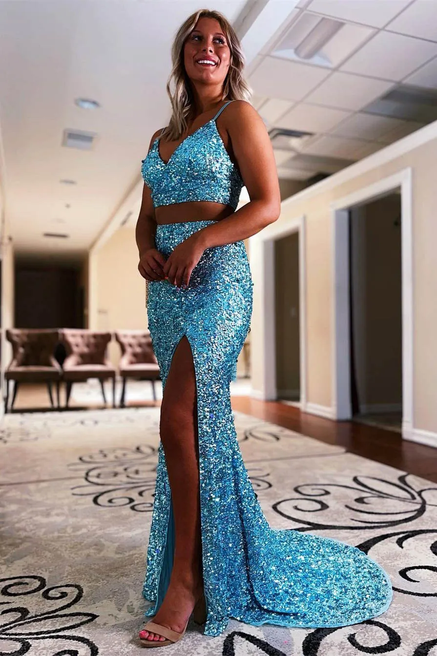 Briana |Two Piece Mermaid Sequins Prom Dress with Slit