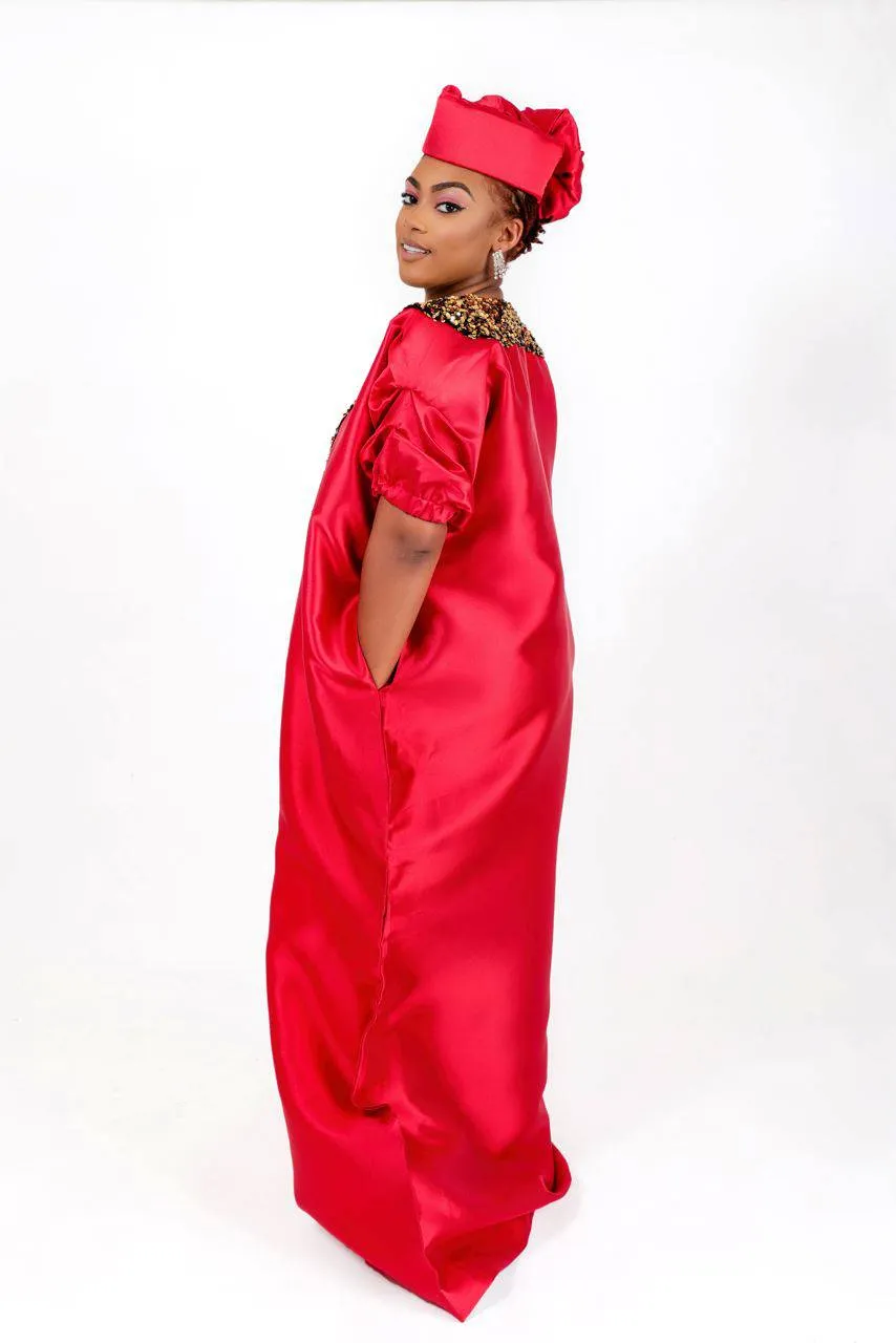 Buga Boubou Kaftan African dress- Mikado Silk fabric (Red)
