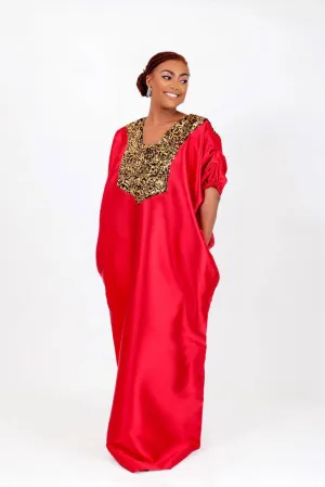 Buga Boubou Kaftan African dress- Mikado Silk fabric (Red)