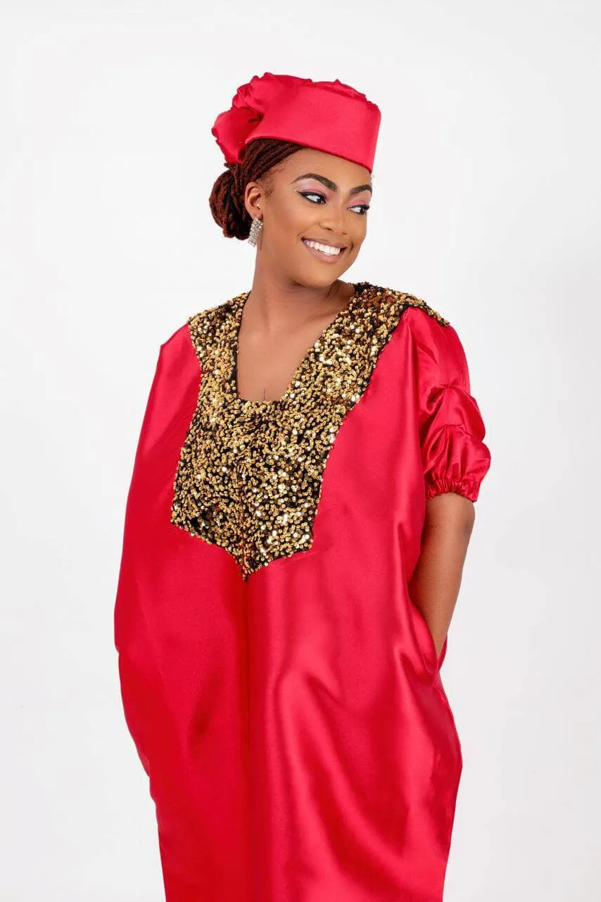 Buga Boubou Kaftan African dress- Mikado Silk fabric (Red)