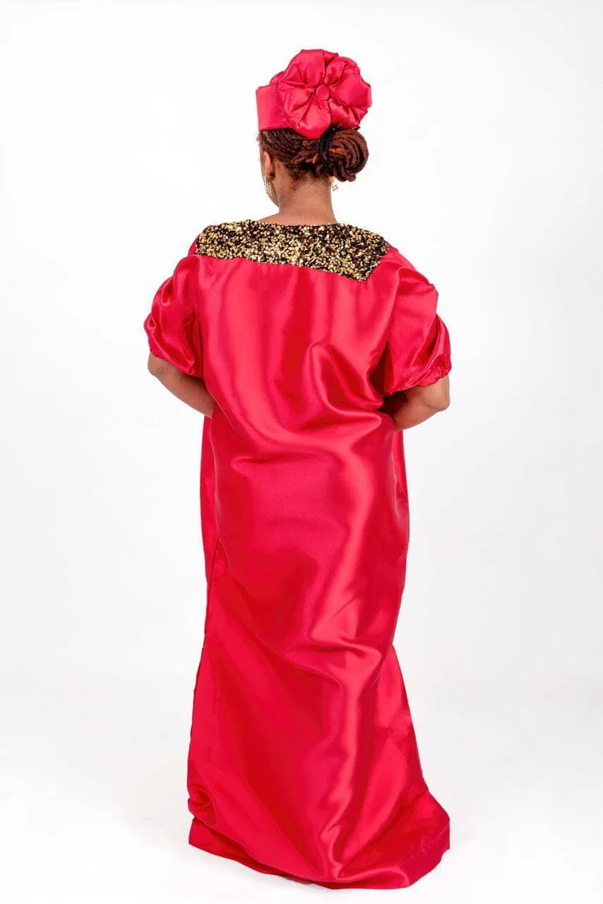 Buga Boubou Kaftan African dress- Mikado Silk fabric (Red)