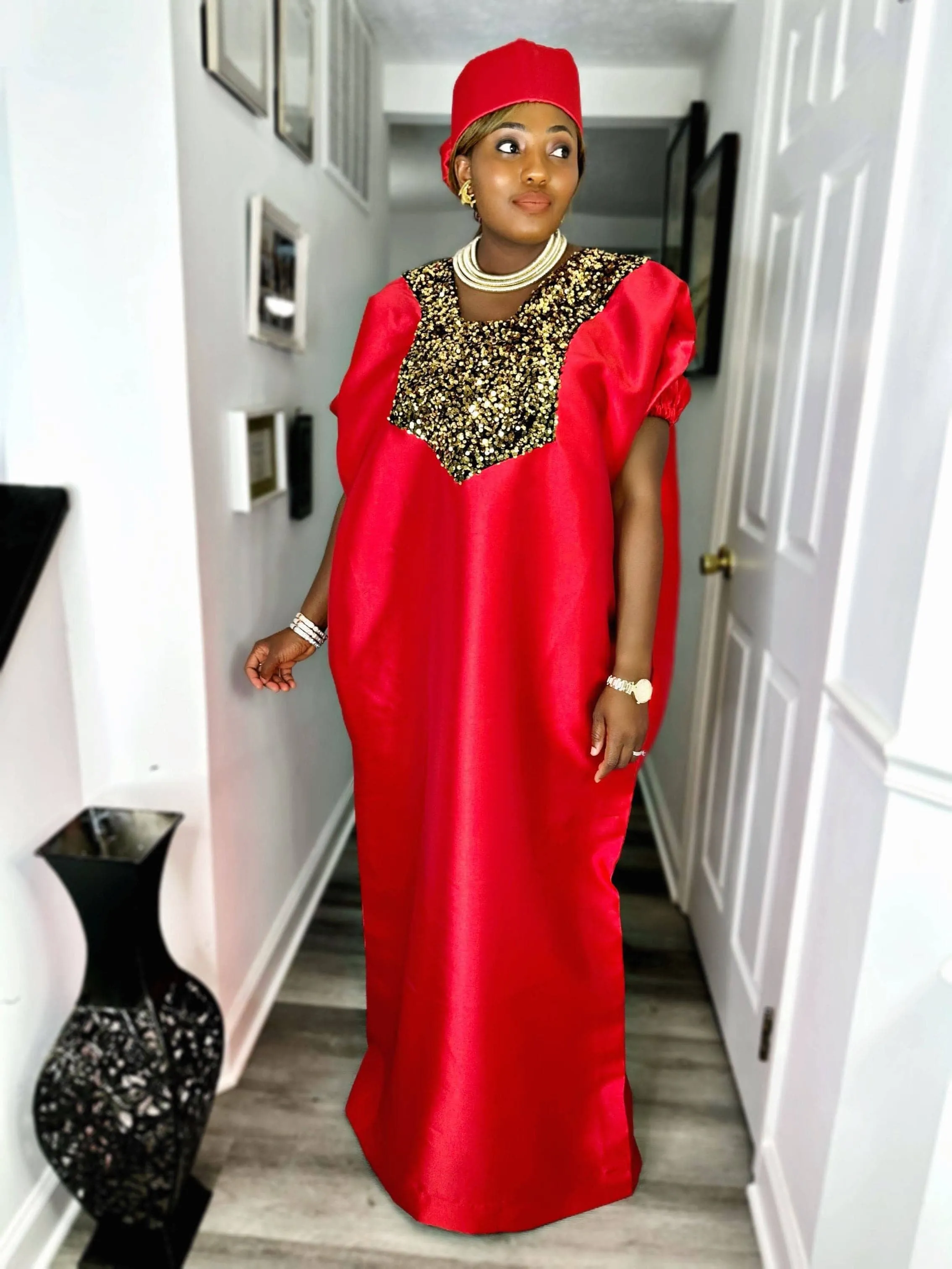 Buga Boubou Kaftan African dress- Mikado Silk fabric (Red)