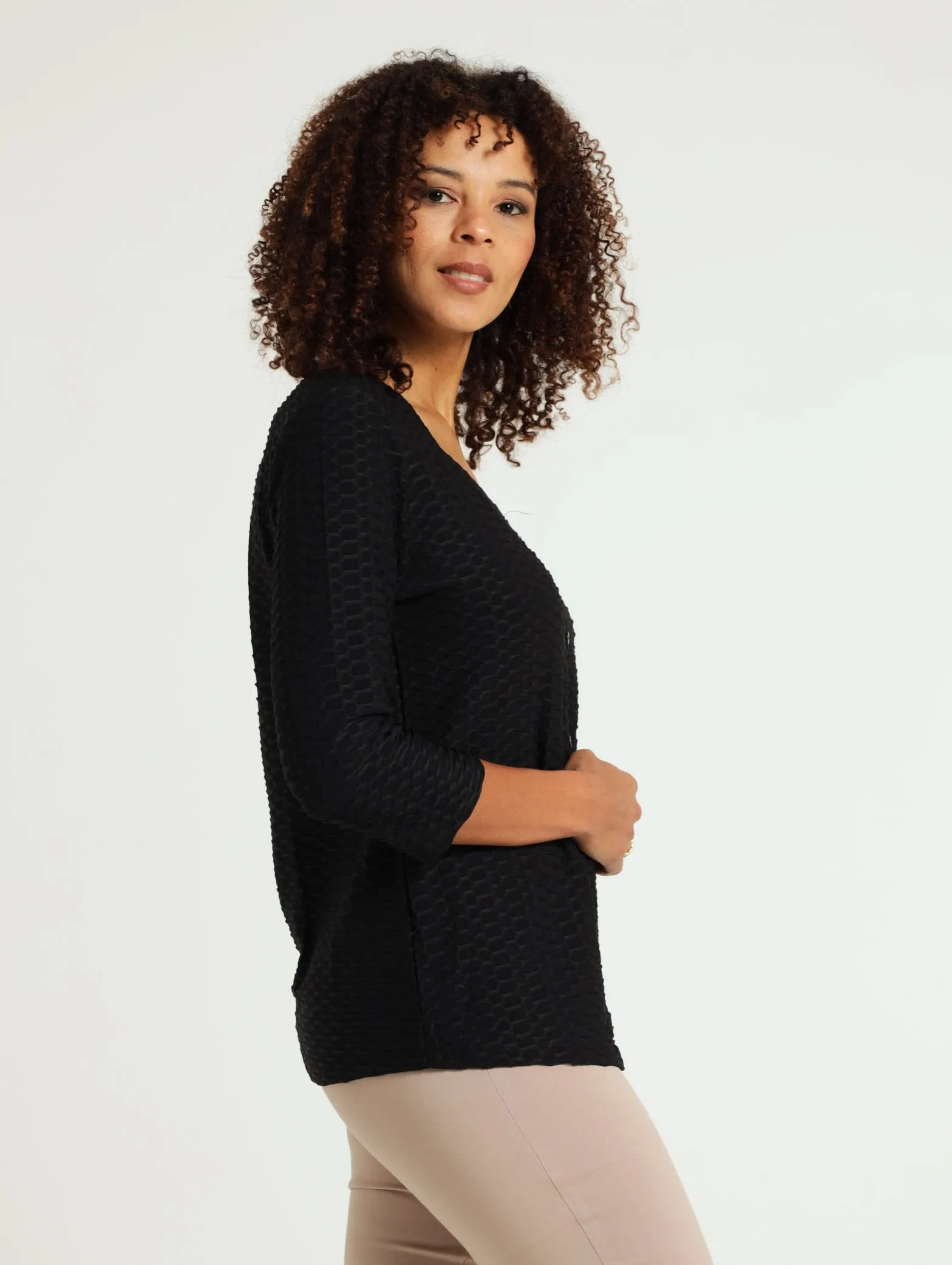 Button Detail Textured Blouse - Black