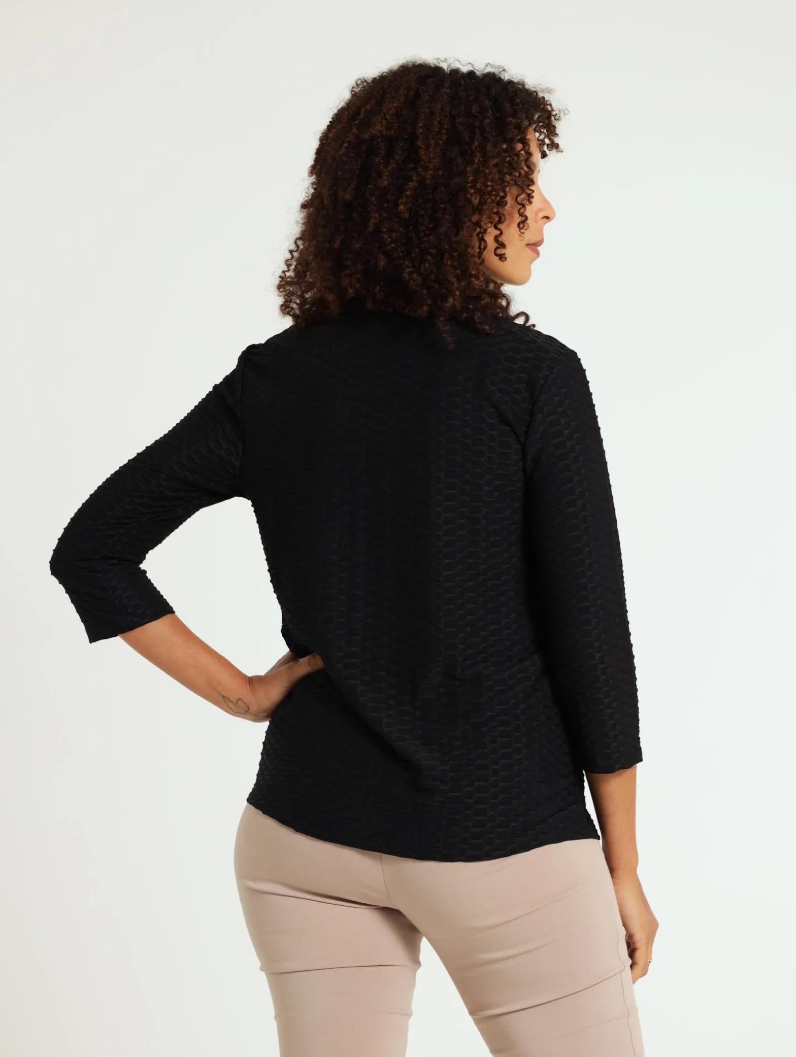 Button Detail Textured Blouse - Black