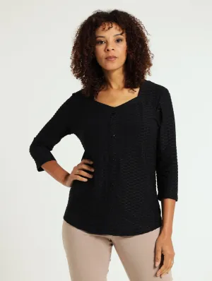 Button Detail Textured Blouse - Black