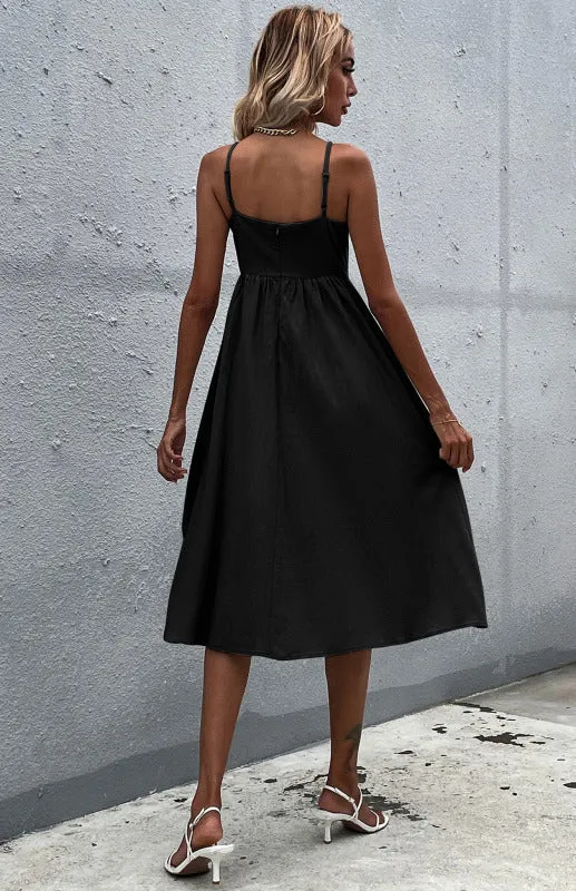 Button-Down Midi Dress with Sleeveless Design and Flared Skirt