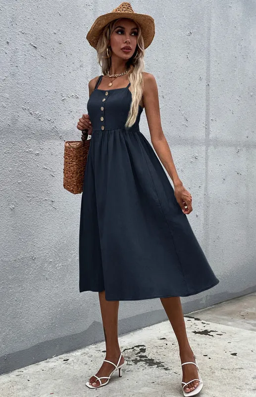 Button-Down Midi Dress with Sleeveless Design and Flared Skirt