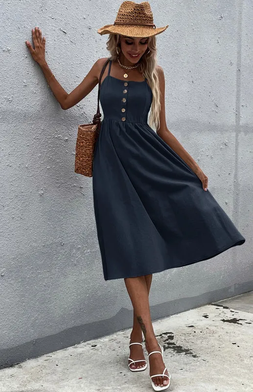 Button-Down Midi Dress with Sleeveless Design and Flared Skirt