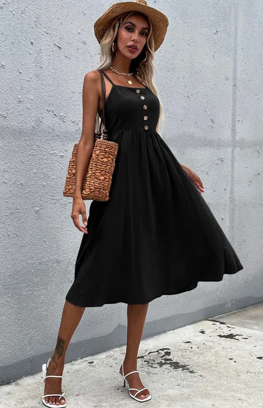 Button-Down Midi Dress with Sleeveless Design and Flared Skirt