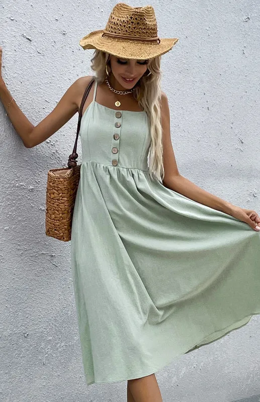 Button-Down Midi Dress with Sleeveless Design and Flared Skirt