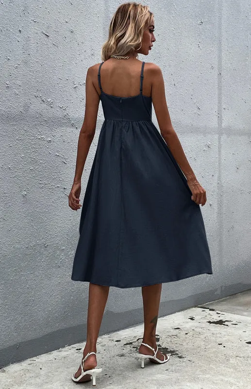 Button-Down Midi Dress with Sleeveless Design and Flared Skirt