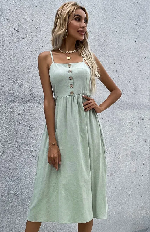 Button-Down Midi Dress with Sleeveless Design and Flared Skirt