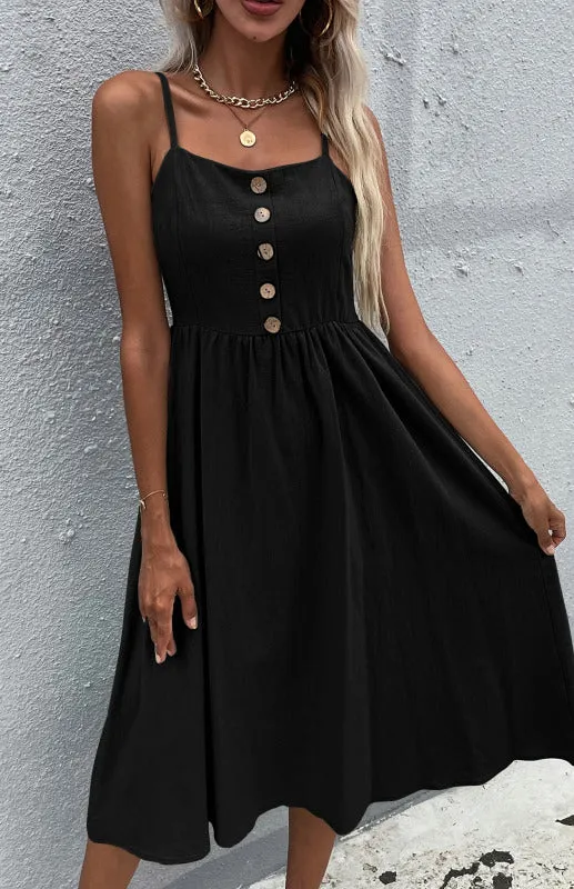 Button-Down Midi Dress with Sleeveless Design and Flared Skirt
