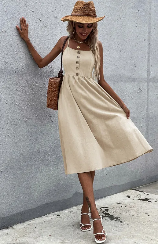 Button-Down Midi Dress with Sleeveless Design and Flared Skirt