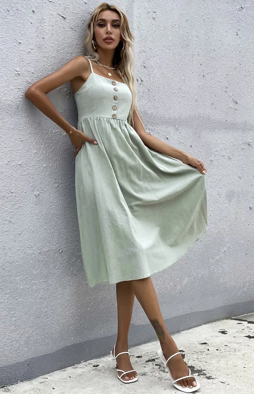 Button-Down Midi Dress with Sleeveless Design and Flared Skirt