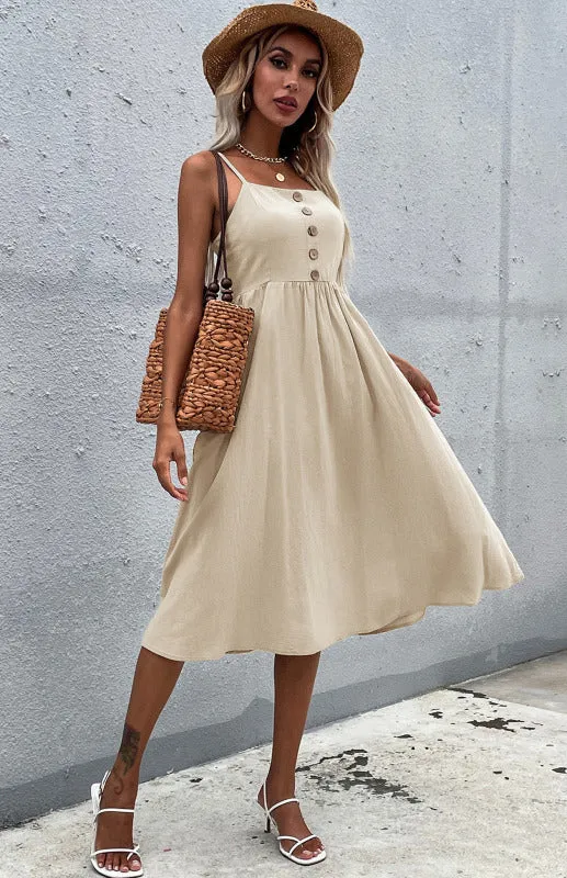Button-Down Midi Dress with Sleeveless Design and Flared Skirt