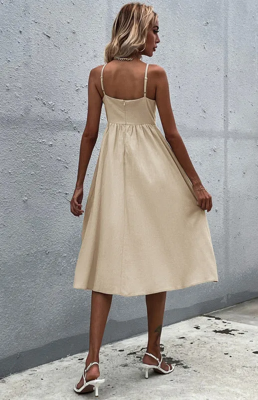 Button-Down Midi Dress with Sleeveless Design and Flared Skirt