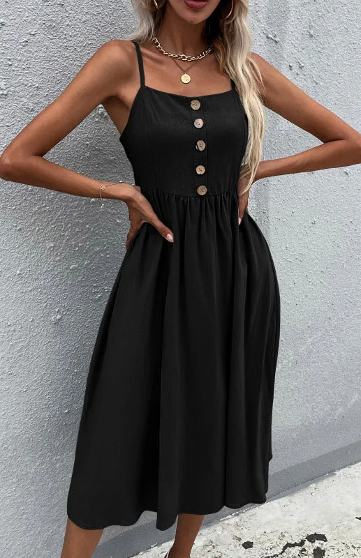 Button-Down Midi Dress with Sleeveless Design and Flared Skirt