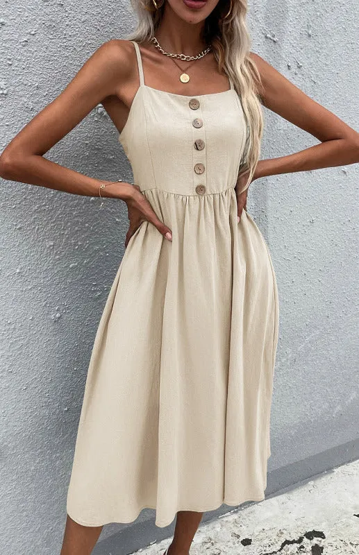 Button-Down Midi Dress with Sleeveless Design and Flared Skirt