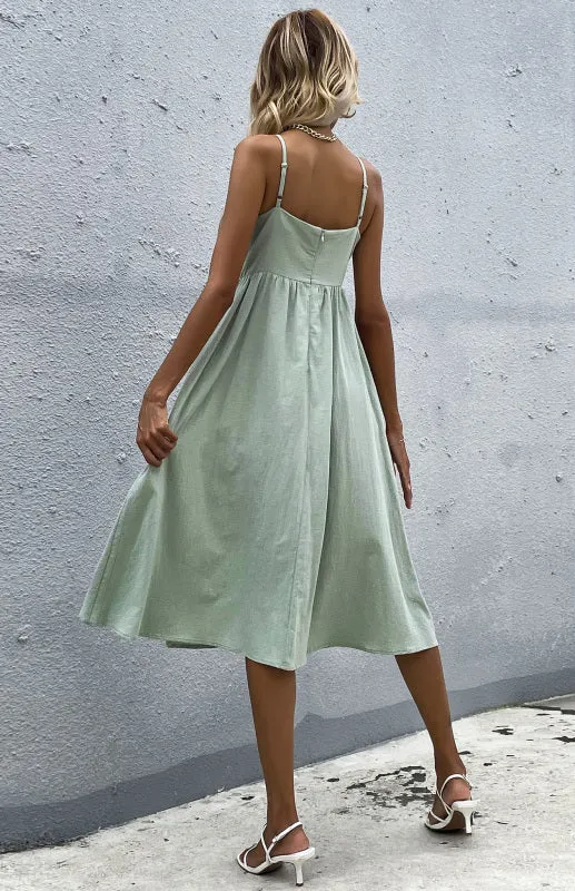 Button-Down Midi Dress with Sleeveless Design and Flared Skirt