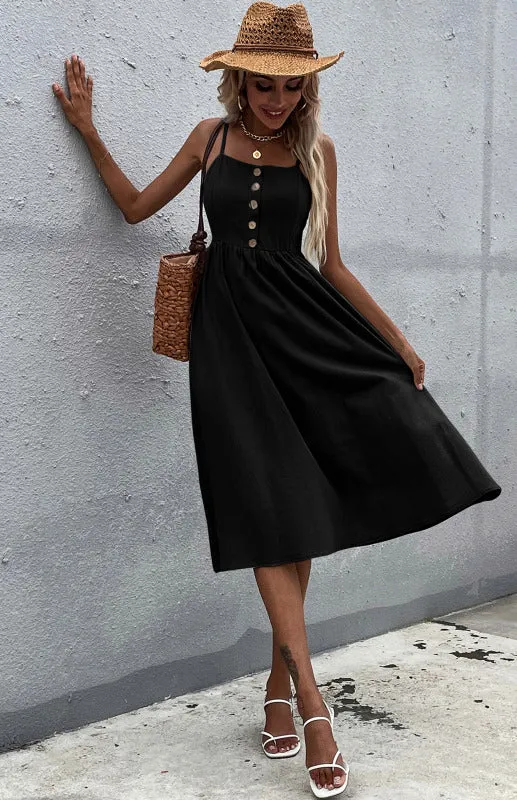 Button-Down Midi Dress with Sleeveless Design and Flared Skirt