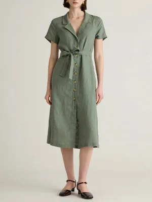 Button Front Belt Midi Linen Dress