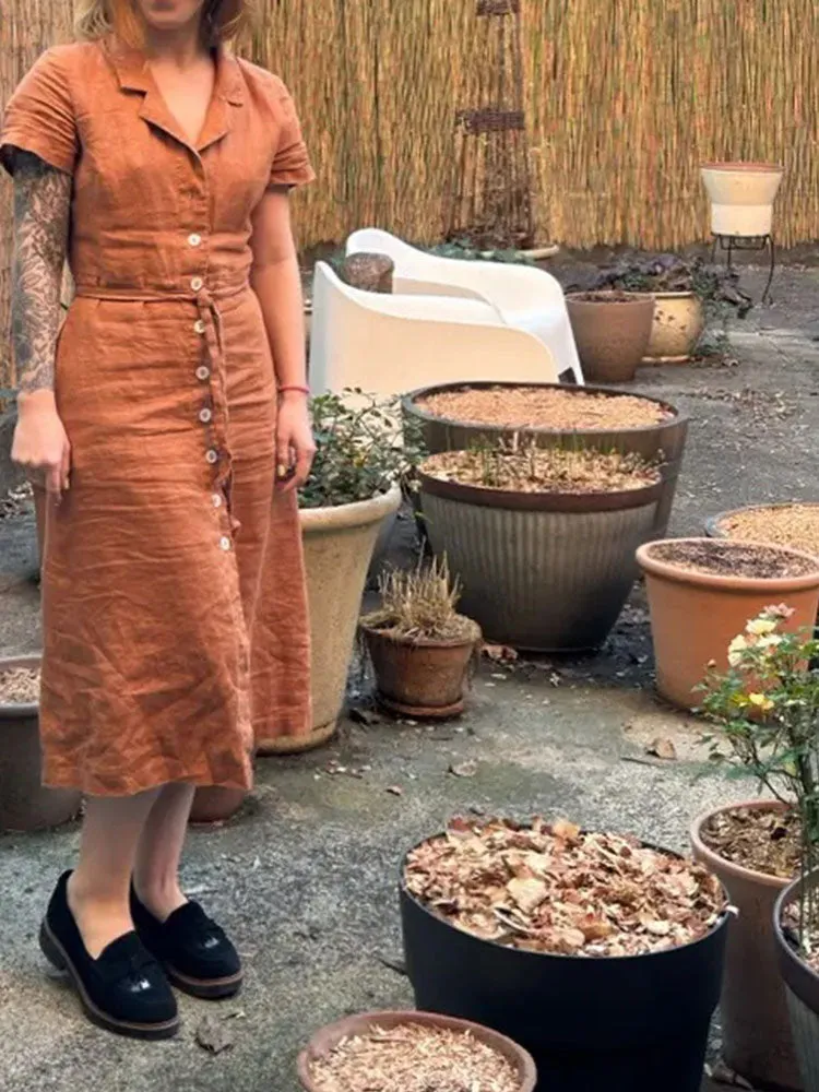 Button Front Belt Midi Linen Dress