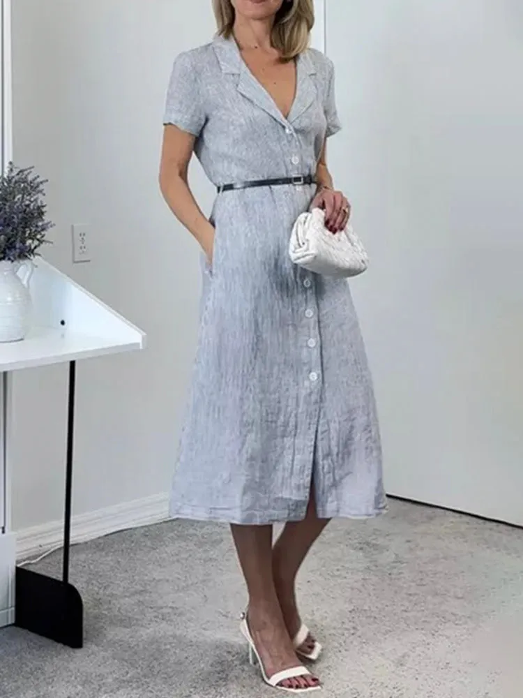 Button Front Belt Midi Linen Dress