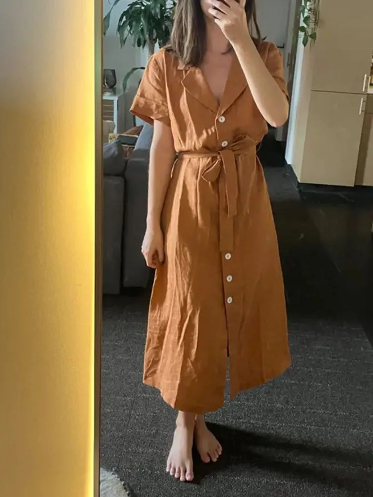 Button Front Belt Midi Linen Dress