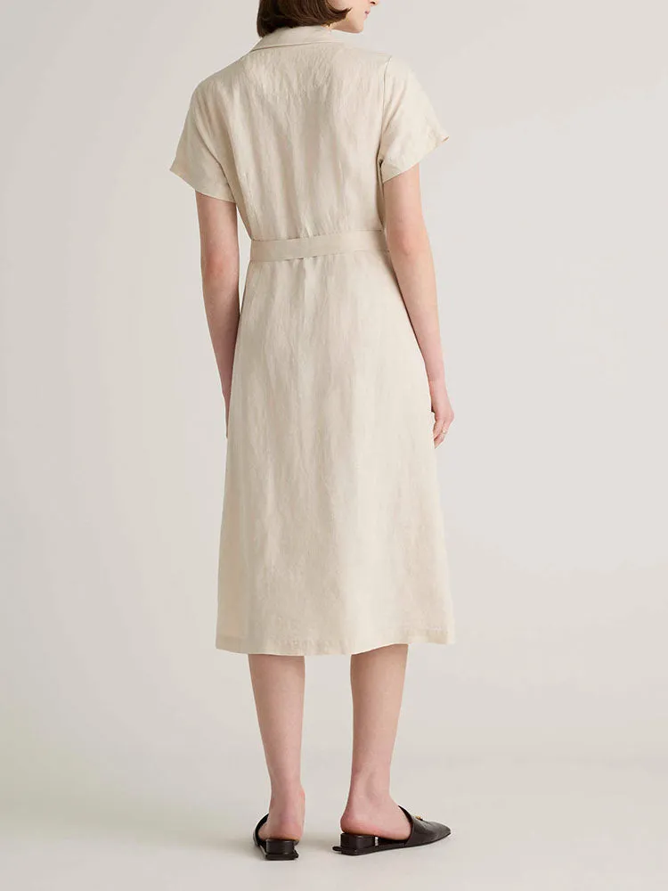 Button Front Belt Midi Linen Dress