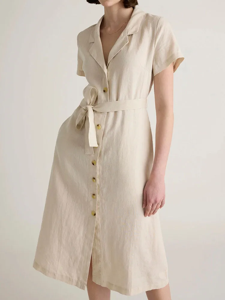 Button Front Belt Midi Linen Dress