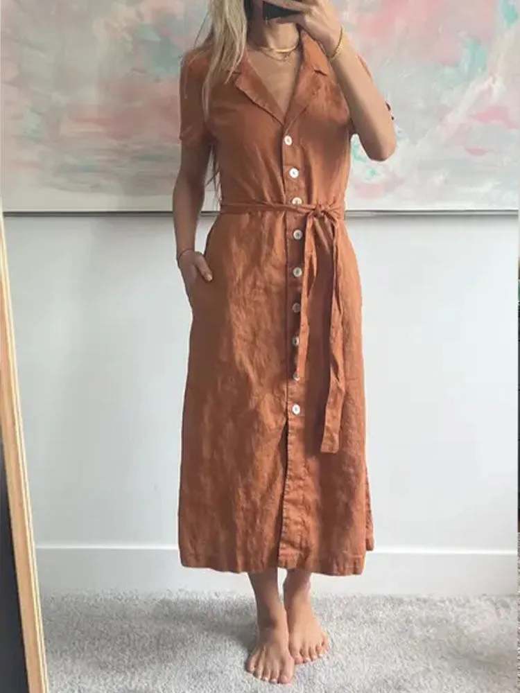 Button Front Belt Midi Linen Dress