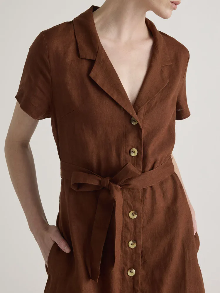 Button Front Belt Midi Linen Dress