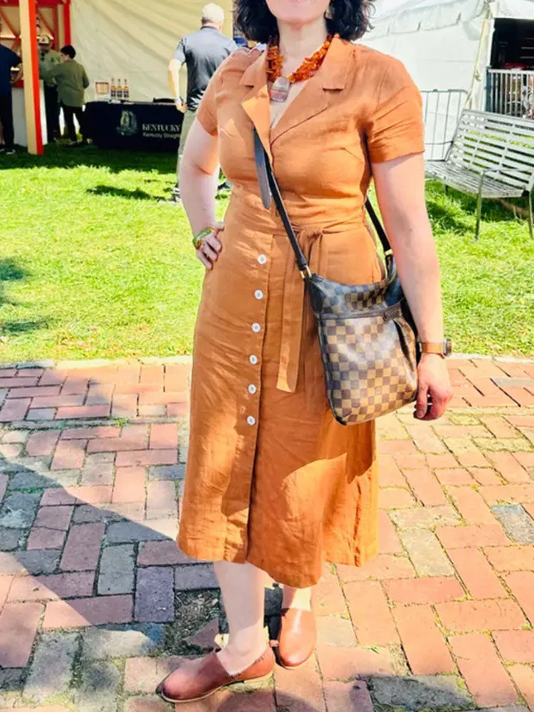 Button Front Belt Midi Linen Dress
