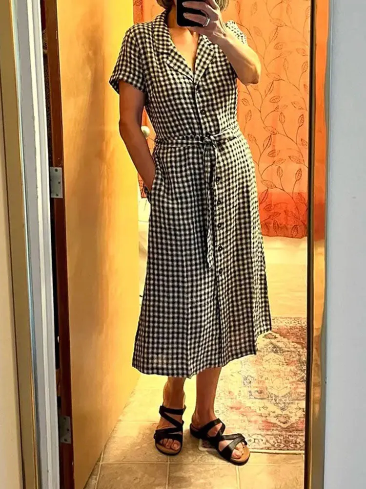 Button Front Belt Midi Linen Dress