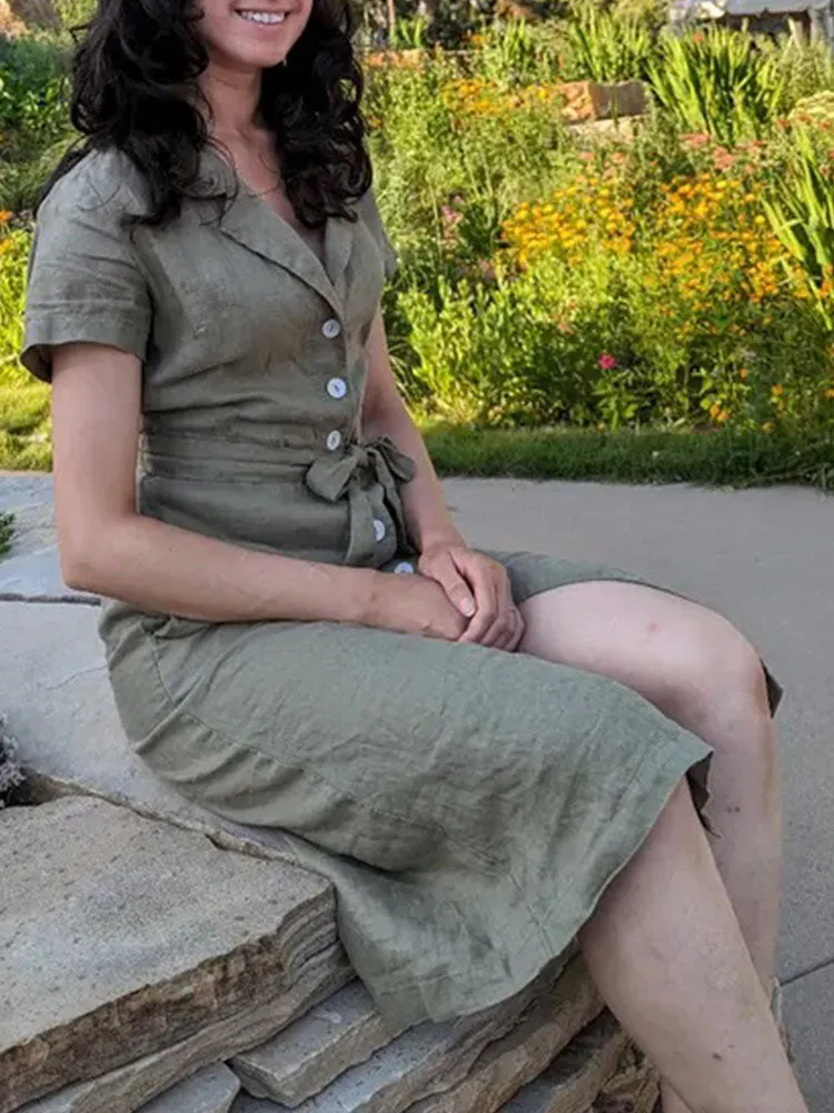 Button Front Belt Midi Linen Dress