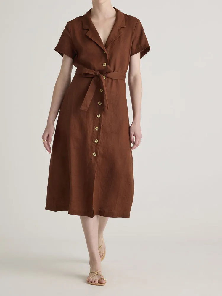 Button Front Belt Midi Linen Dress