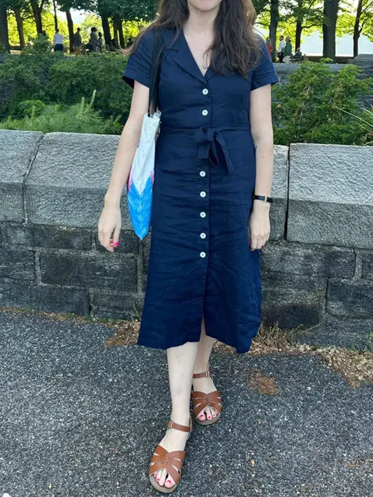 Button Front Belt Midi Linen Dress