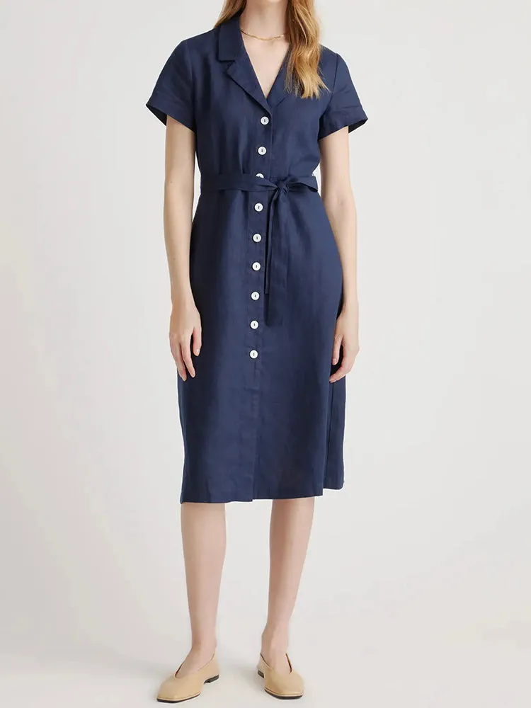 Button Front Belt Midi Linen Dress