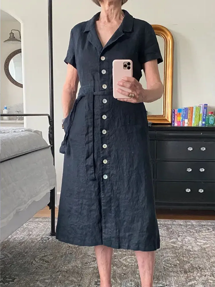 Button Front Belt Midi Linen Dress