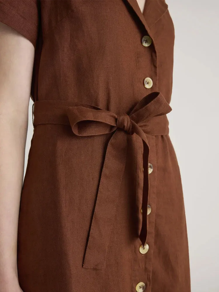 Button Front Belt Midi Linen Dress