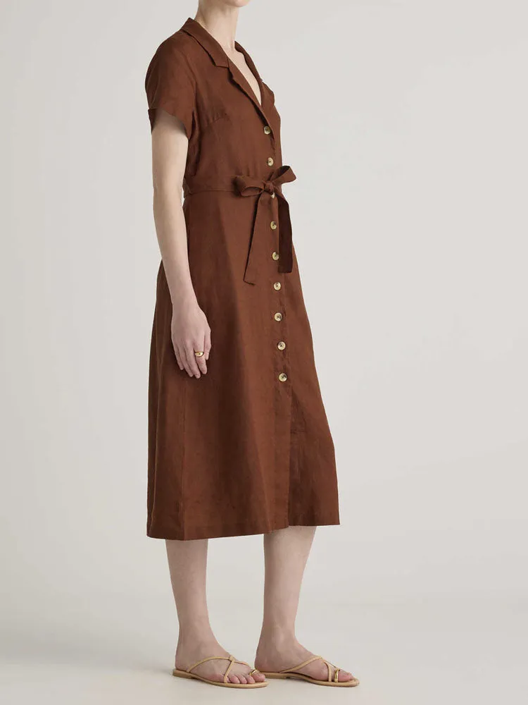 Button Front Belt Midi Linen Dress