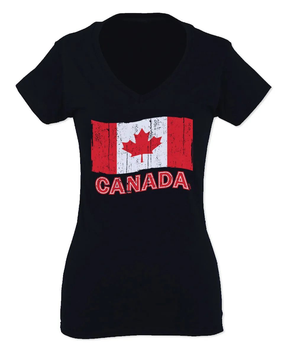 Canada Vintage Flag Canadian Pride Maple Leaf For Women V neck fitted T Shirt