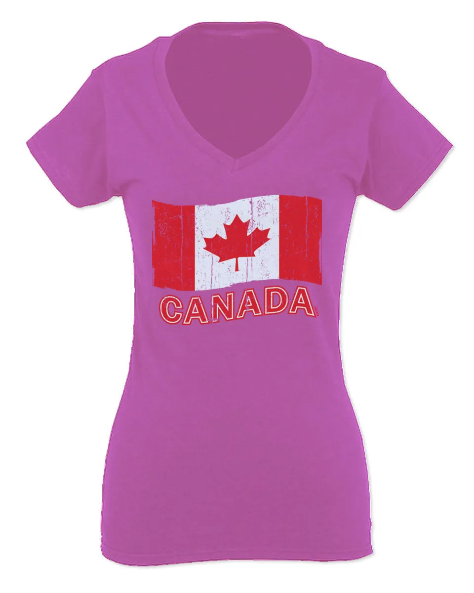 Canada Vintage Flag Canadian Pride Maple Leaf For Women V neck fitted T Shirt