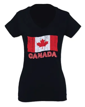 Canada Vintage Flag Canadian Pride Maple Leaf For Women V neck fitted T Shirt