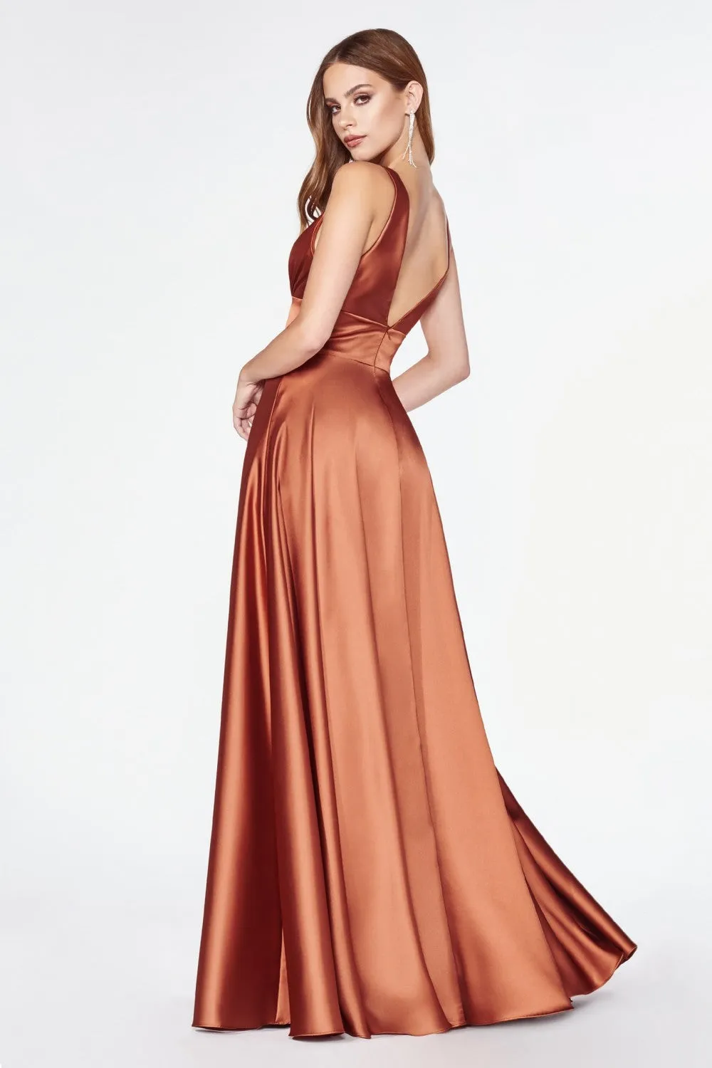 CD 7469 - A-Line Satin Prom Gown with Pleated V-Neck Bodice Spaghetti Straps & Leg Slit Sizes 16-24