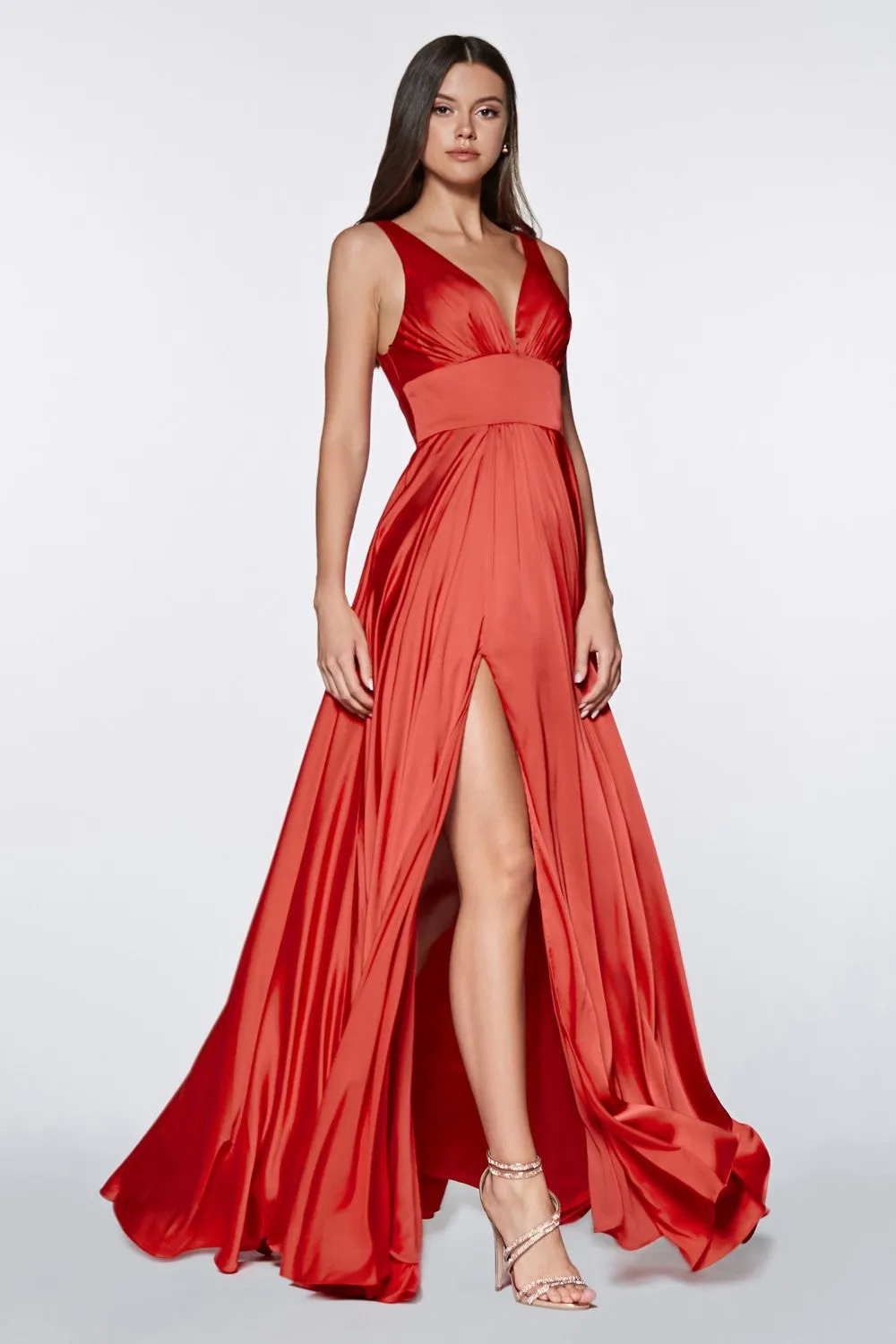 CD 7469 - A-Line Satin Prom Gown with Pleated V-Neck Bodice Spaghetti Straps & Leg Slit Sizes 16-24