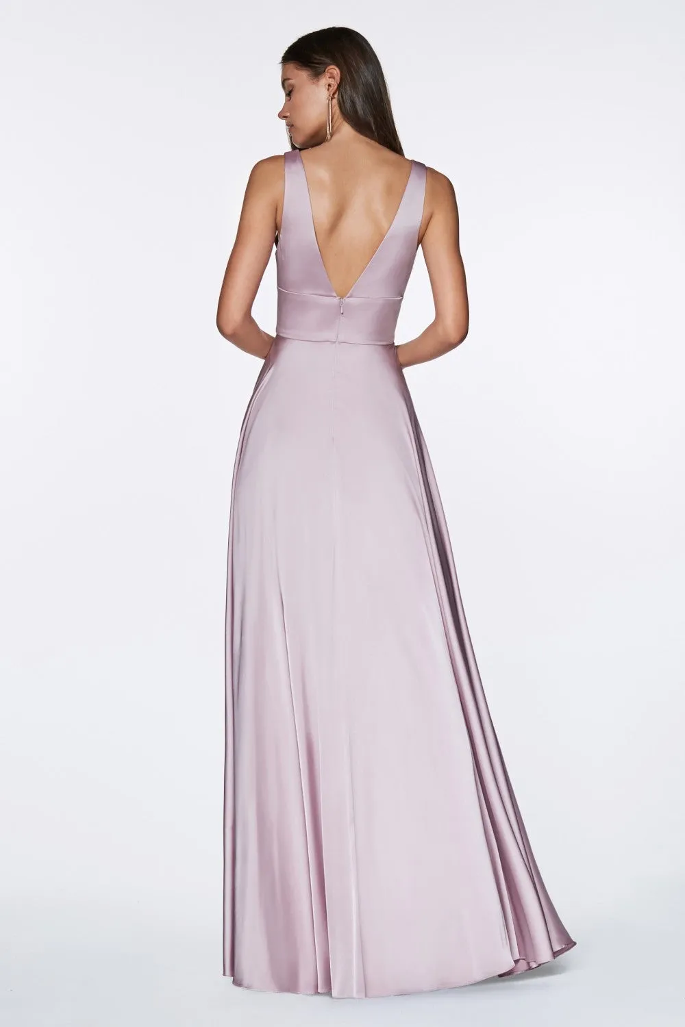 CD 7469 - A-Line Satin Prom Gown with Pleated V-Neck Bodice Spaghetti Straps & Leg Slit Sizes 16-24